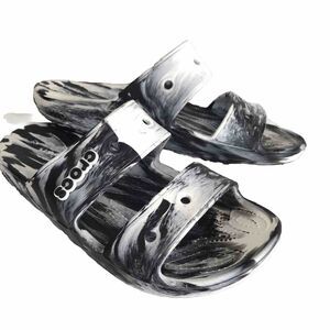 Crocs 2 Strap Marbled Slide Sandals Men 7 Women 9 Black White Iconic Comfort